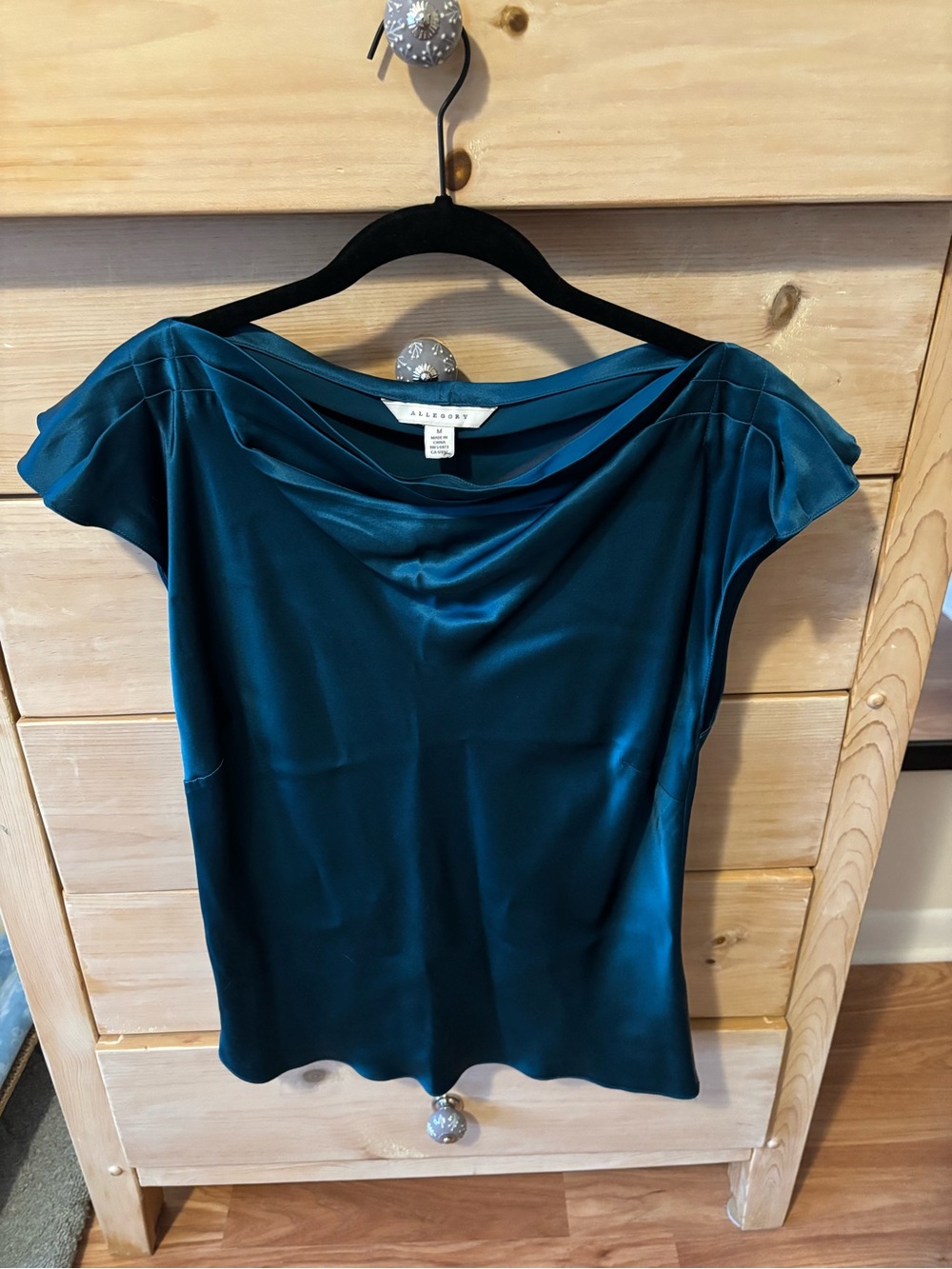 Allison Joy Teal Satin Drape-Neck Blouse